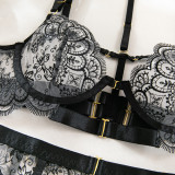 Women embroidered metal buckle lace-up see-through Sexy lingerie set