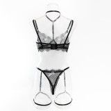Women hollow lace eyelash halter neck lingerie set with detachable leg loops