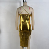Women autumn shiny strapless sexy bodycon irregular strap Dress