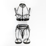Women embroidered metal buckle lace-up see-through Sexy lingerie set