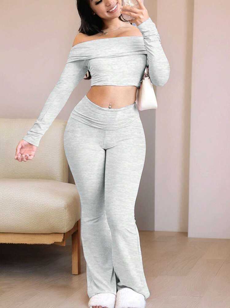 Women off-the-shoulder long-sleeved top and trousers two-piece set