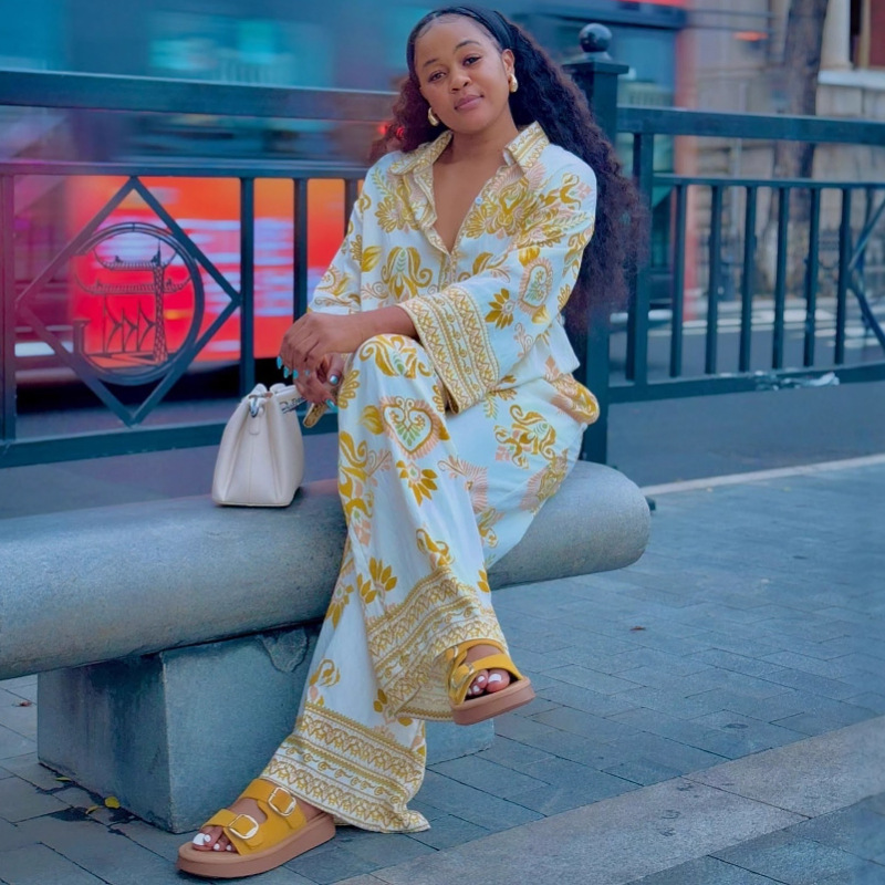 Plus-size African Women long-sleeved turndown collar printed shirt and wide-leg pants two-piece set