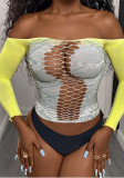 Women Printed Yellow-Gray Cutout Sexy Long-Sleeved Mesh Sexy Lingerie