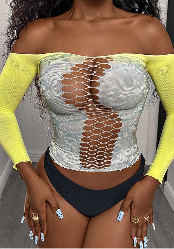Women Printed Yellow-Gray Cutout Sexy Long-Sleeved Mesh Sexy Lingerie