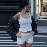Women zippered vest top with drawstring and shorts two-piece set