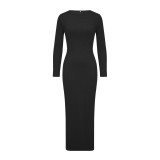 Women autumn solid round neck long-sleeved evening maxi dress