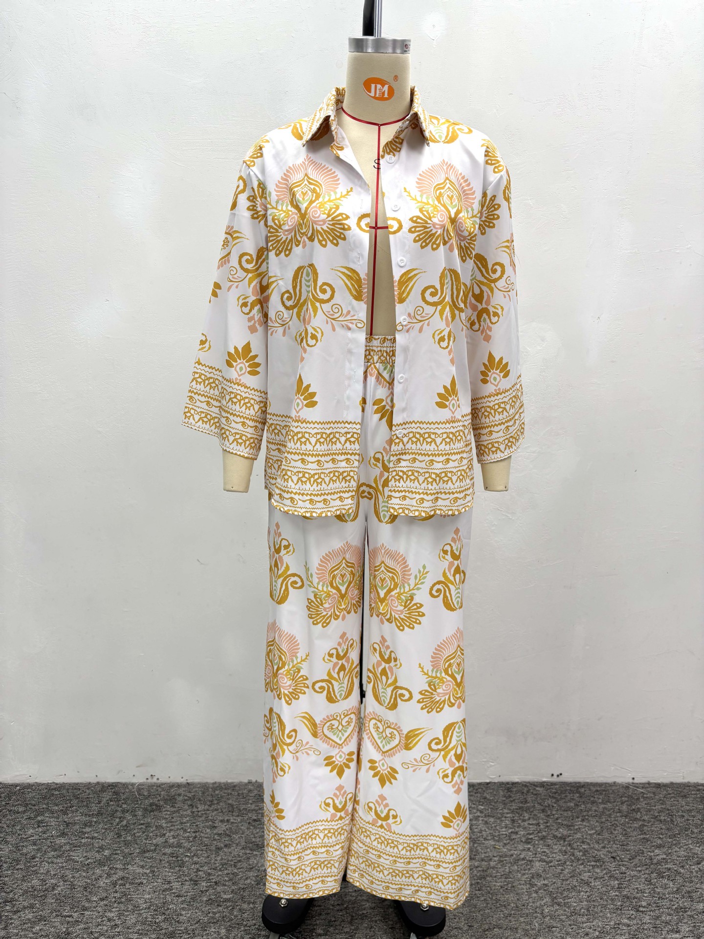 Plus-size African Women long-sleeved turndown collar printed shirt and wide-leg pants two-piece set