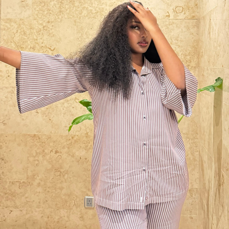 Plus-size African Women casual turndown collar striped shirt and wide-leg pants two-piece set