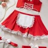 Women lace-up maid Pu-Leather cosplay uniform Sexy lingerie set