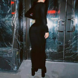 Women autumn solid round neck long-sleeved evening maxi dress