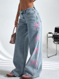 Women casual printed washed butterfly denim pants