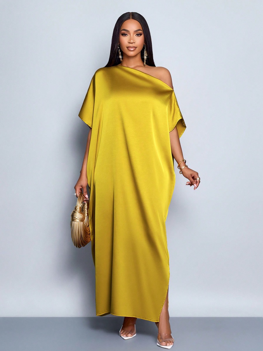 Women autumn satin yellow maxi dress
