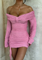 Women Elegant Jacquard Off-Shoulder Wave Pattern Long-Sleeved Dress