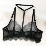 Women hollow lace eyelash halter neck lingerie set with detachable leg loops