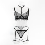 Women hollow lace eyelash halter neck lingerie set with detachable leg loops