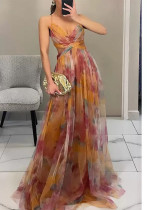 Women spring and summer mesh print holiday casual party strap dress