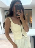 Women zippered vest top with drawstring and shorts two-piece set