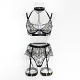 Women embroidered metal buckle lace-up see-through Sexy lingerie set