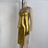 Women autumn shiny strapless sexy bodycon irregular strap Dress