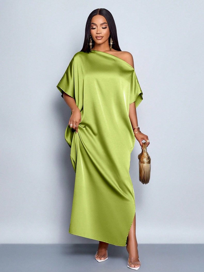 Women autumn satin yellow maxi dress