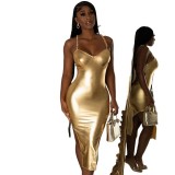 Women autumn shiny strapless sexy bodycon irregular strap Dress