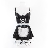 Women lace-up maid Pu-Leather cosplay uniform Sexy lingerie set