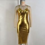 Women autumn shiny strapless sexy bodycon irregular strap Dress