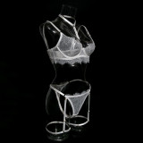 Women hollow lace eyelash halter neck lingerie set with detachable leg loops