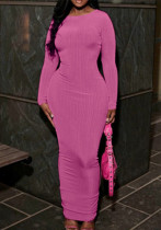 Women autumn solid round neck long-sleeved evening maxi dress