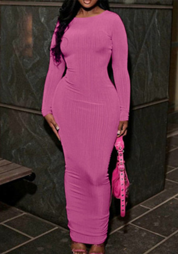 Women autumn solid round neck long-sleeved evening maxi dress