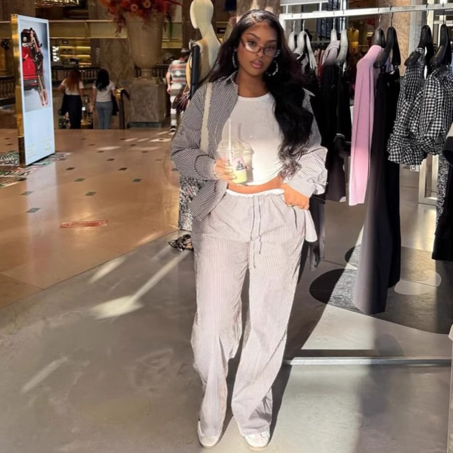 African Women long-sleeved striped shirt and contrasting wide-leg pants casual two-piece set