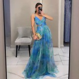 Women spring and summer mesh print holiday casual party strap dress