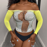 Women Printed Yellow-Gray Cutout Sexy Long-Sleeved Mesh Sexy Lingerie