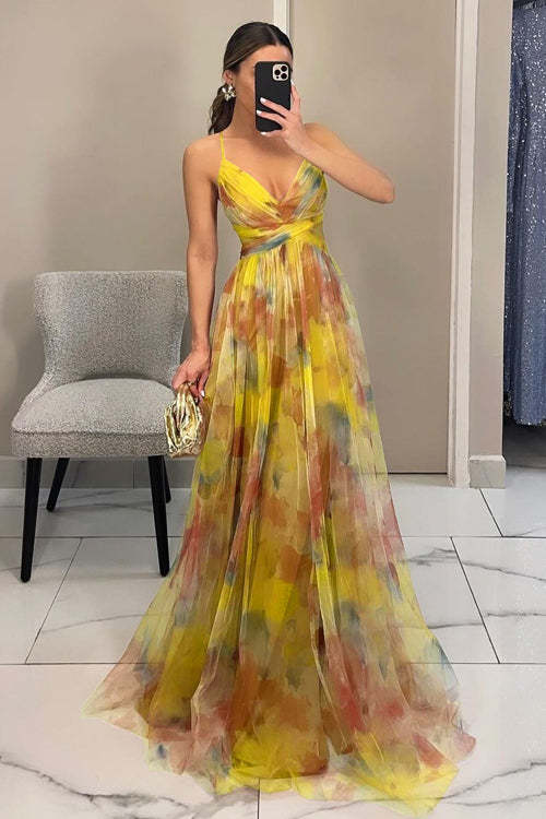 Women spring and summer mesh print holiday casual party strap dress