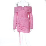 Women Elegant Jacquard Off-Shoulder Wave Pattern Long-Sleeved Dress