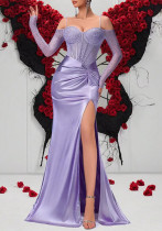 Women elegant herringbone strapless pleated slit dress