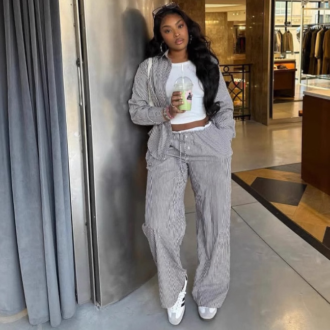 African Women long-sleeved striped shirt and contrasting wide-leg pants casual two-piece set