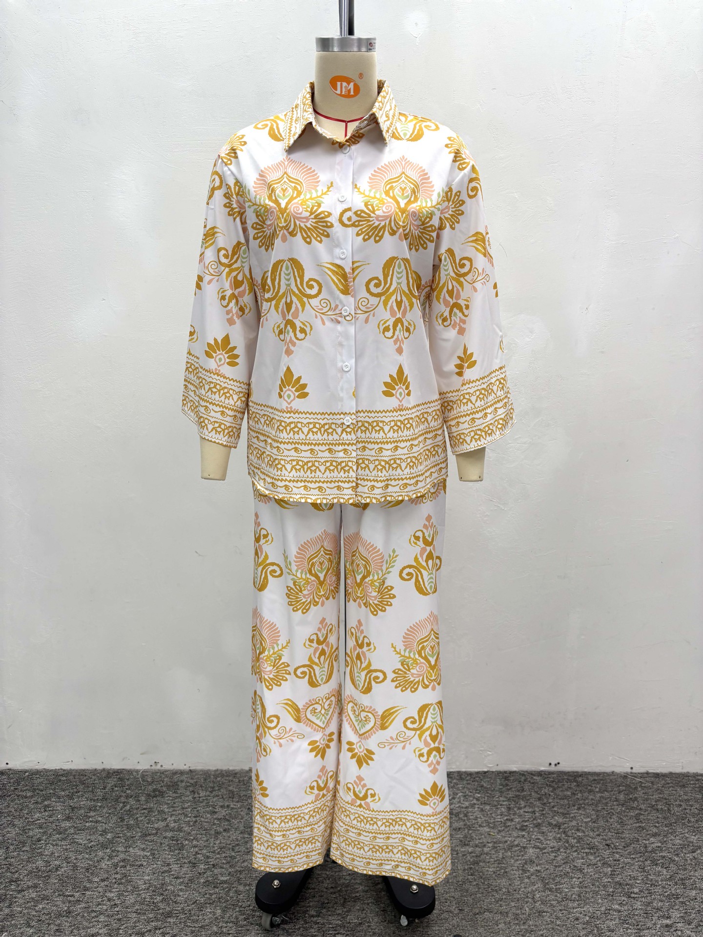 Plus-size African Women long-sleeved turndown collar printed shirt and wide-leg pants two-piece set