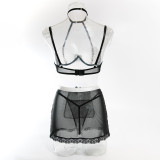 Women see-through bow halter neck Lace contrasting bra two-piece role-play maid costume sexy lingerie set