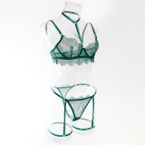 Women hollow lace eyelash halter neck lingerie set with detachable leg loops
