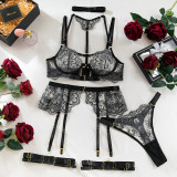 Women embroidered metal buckle lace-up see-through Sexy lingerie set