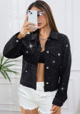 Women Multi-Rhinestone Pocket Black Long-Sleeved Denim Jacket