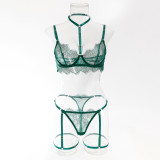 Women hollow lace eyelash halter neck lingerie set with detachable leg loops