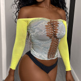 Women Printed Yellow-Gray Cutout Sexy Long-Sleeved Mesh Sexy Lingerie