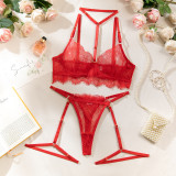 Women hollow lace eyelash halter neck lingerie set with detachable leg loops