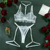 Women hollow lace eyelash halter neck lingerie set with detachable leg loops