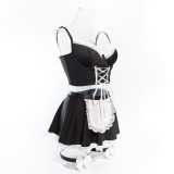 Women lace-up maid Pu-Leather cosplay uniform Sexy lingerie set