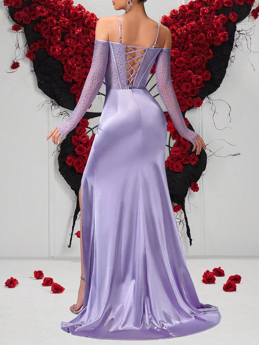 Women elegant herringbone strapless pleated slit dress