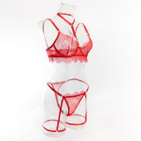Women hollow lace eyelash halter neck lingerie set with detachable leg loops