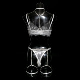 Women hollow lace eyelash halter neck lingerie set with detachable leg loops